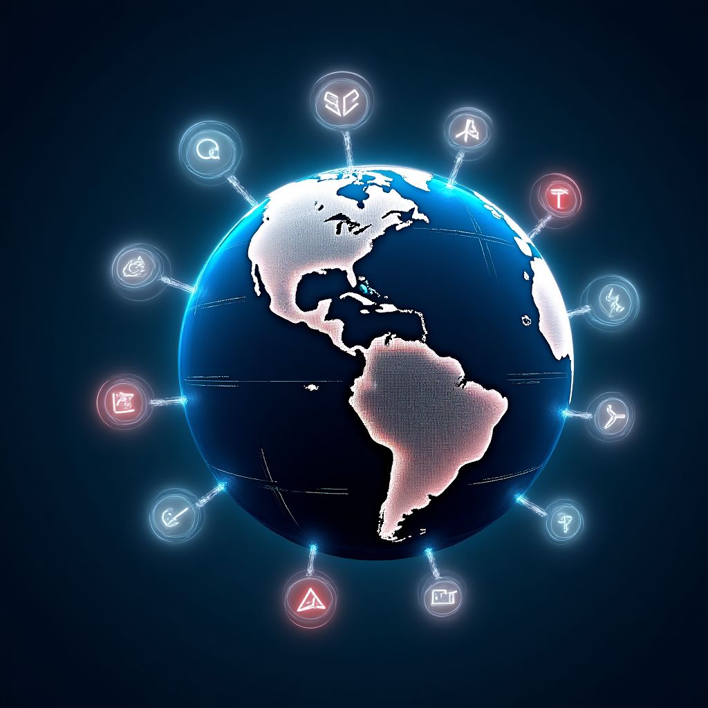 Mapa del mundo con logos de empresas internacionales.